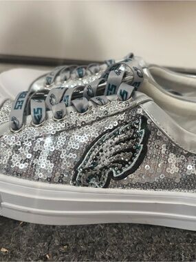 Women's Silver Sequin Low-Top Sneakers with Embroidered Eagle Logo